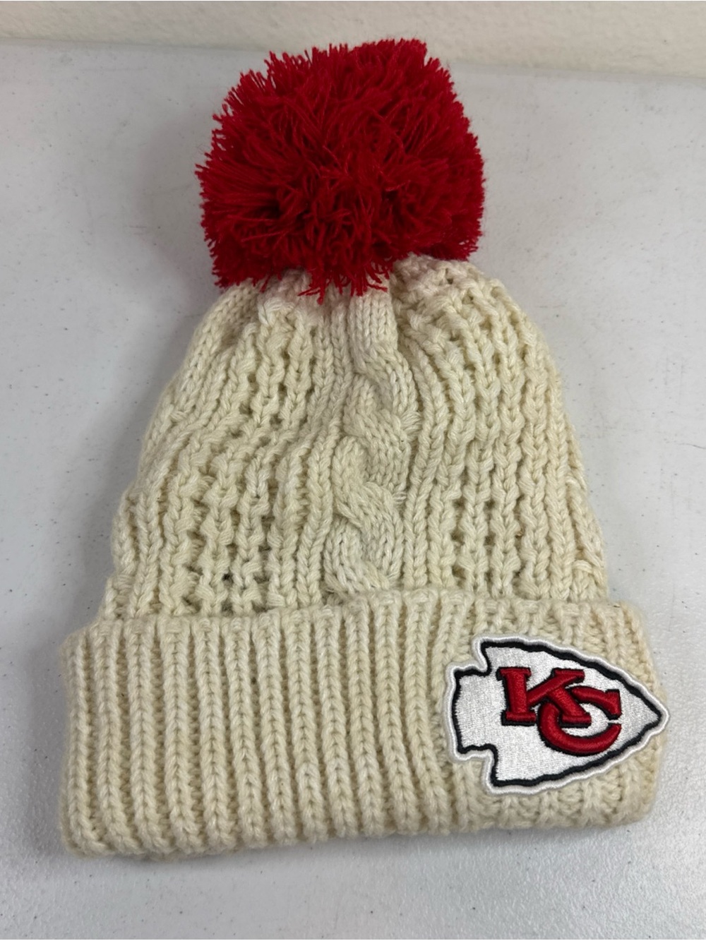 Women's FOCO KNIT Cream Kansas City Chiefs Pom Cuffed Knit Hat